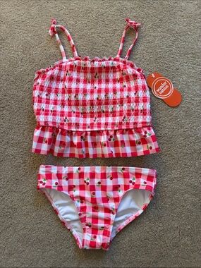 Wonder Nation Cherry Themed Plaid & Ruffle Two-Piece Swim Tankini - Size 5T